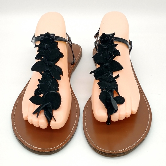 GAP Thong Black Flat Sandals with Suede Flowers - Picture 1 of 6